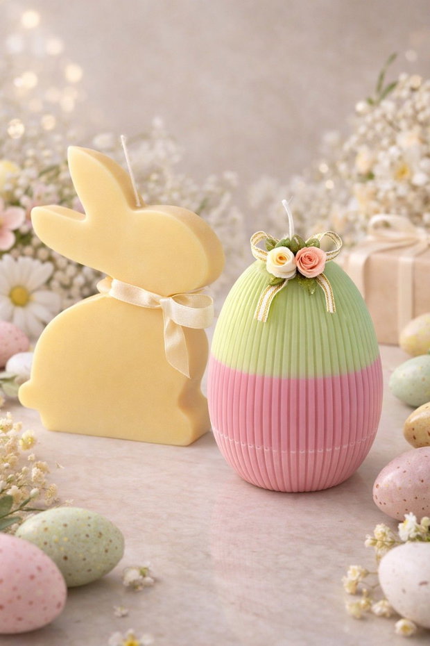 Set Cadou Paște Lumânări Decorative Iepuraș și Ou Pastel, Handmade