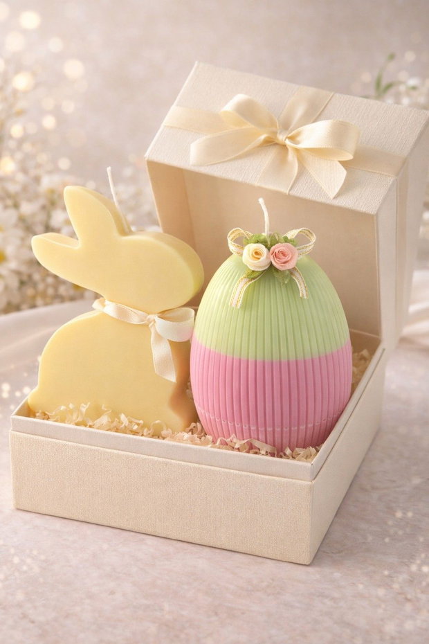 Set Cadou Paște Lumânări Decorative Iepuraș și Ou Pastel, Handmade