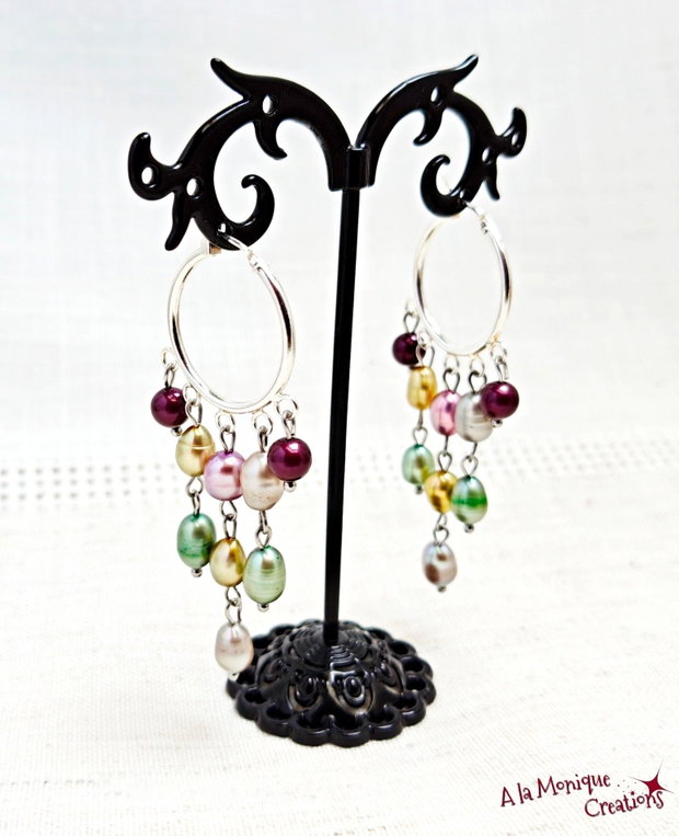 Cercei candelabru cu perle multicolore si otel inoxidabil
