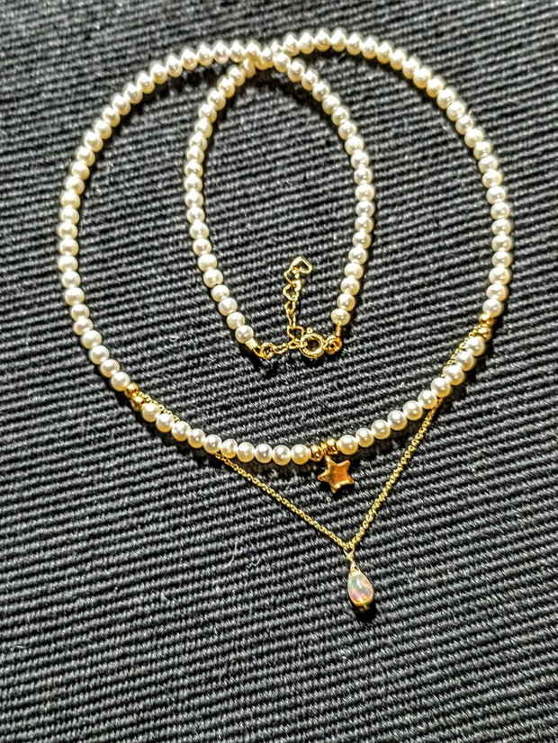Colier vermeil perle naturale de cultura opal de foc etiopian picatura charm argint placat cu aur stea minimalist boho chic trendy - Transport gratuit