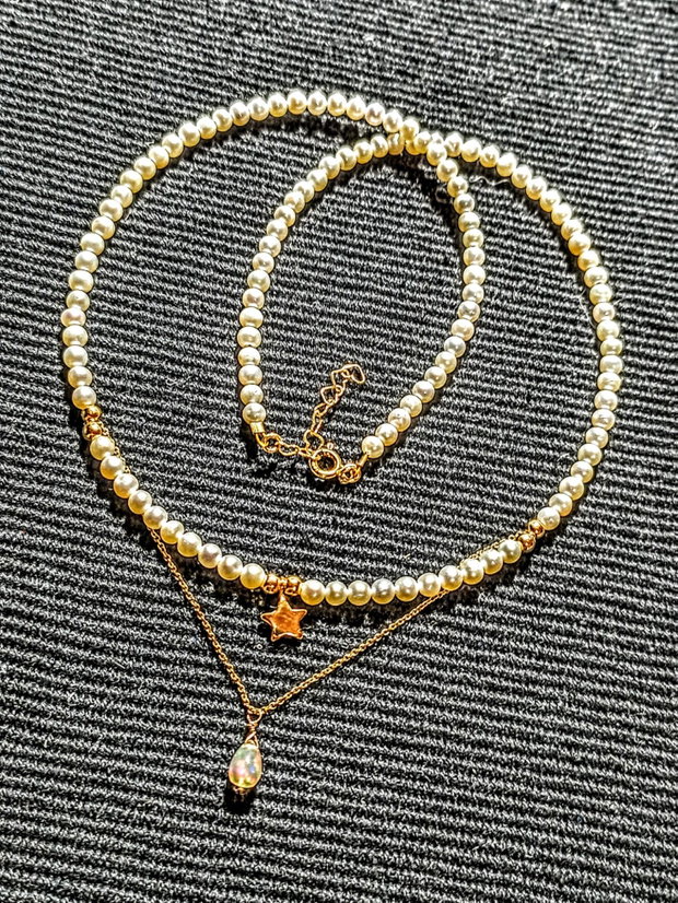 Colier vermeil perle naturale de cultura opal de foc etiopian picatura charm argint placat cu aur stea minimalist boho chic trendy - Transport gratuit