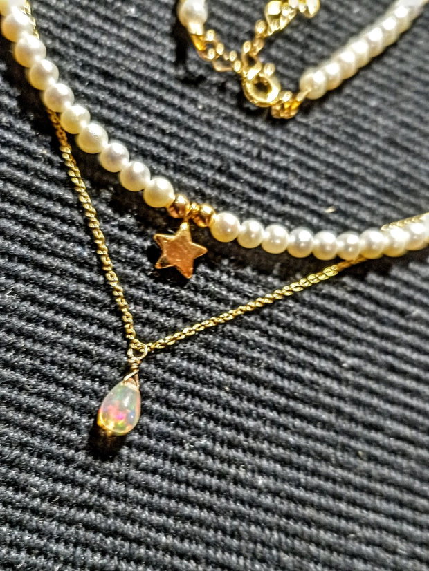 Colier vermeil perle naturale de cultura opal de foc etiopian picatura charm argint placat cu aur stea minimalist boho chic trendy - Transport gratuit