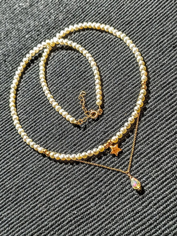 Colier vermeil perle naturale de cultura opal de foc etiopian picatura charm argint placat cu aur stea minimalist boho chic trendy - Transport gratuit