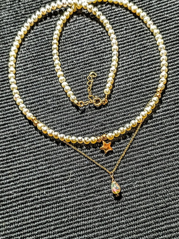 Colier vermeil perle naturale de cultura opal de foc etiopian picatura charm argint placat cu aur stea minimalist boho chic trendy - Transport gratuit