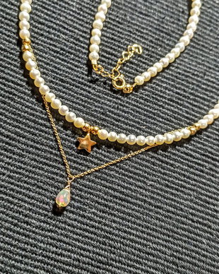 Colier vermeil perle naturale de cultura opal de foc etiopian picatura charm argint placat cu aur stea minimalist boho chic trendy - Transport gratuit