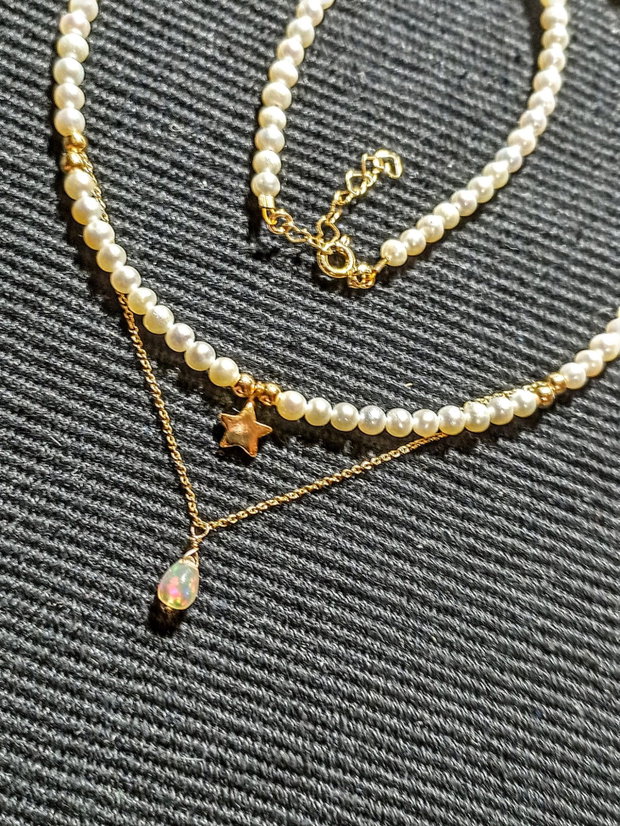 Colier vermeil perle naturale de cultura opal de foc etiopian picatura charm argint placat cu aur stea minimalist boho chic trendy - Transport gratuit