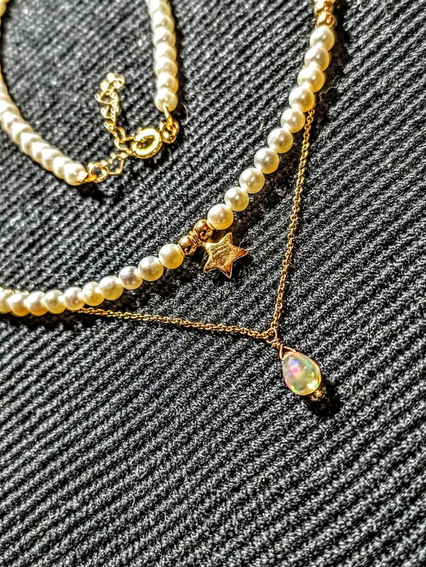 Colier vermeil perle naturale de cultura opal de foc etiopian picatura charm argint placat cu aur stea minimalist boho chic trendy - Transport gratuit