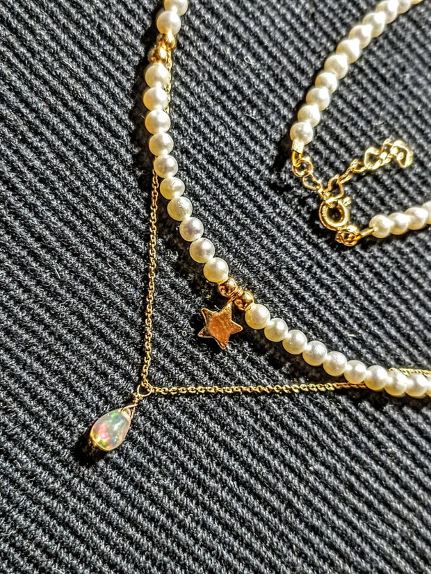 Colier vermeil perle naturale de cultura opal de foc etiopian picatura charm argint placat cu aur stea minimalist boho chic trendy - Transport gratuit