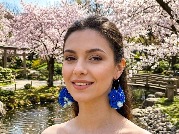 Cercei handmade cu flori albastre si perle (cod1400)