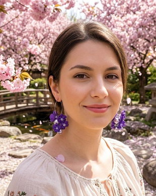 Cercei handmade, lungi cu flori mov si perle lila (cod1396)