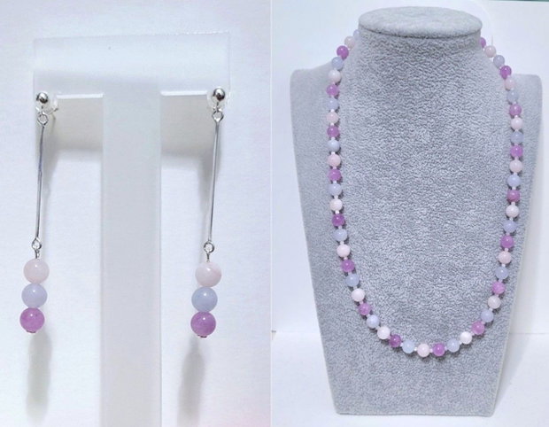 Set argint 925 cu cuart roz, acvamarin, ametist si piatra lunii