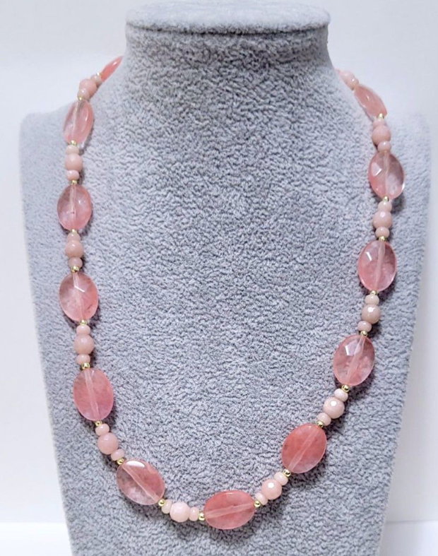 Colier aur filat cu opal roz, hematit si cuart cherry