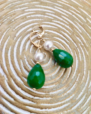 Cercei Jad verde & perle albe de Mallorca