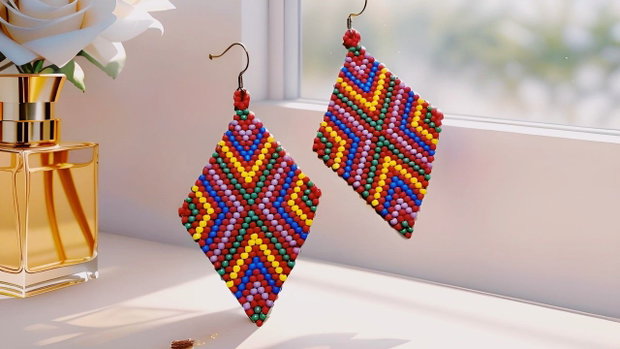 Cercei handmade din mărgele Romburi multicolore pe fundal roșu