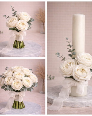 Set lumânare cununie și buchet mireasă alb  stil romantic