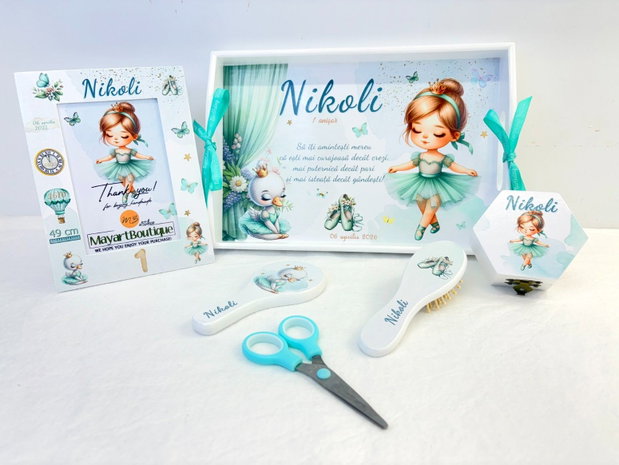 Set aniversar personalizat 1 anisor -Little ballerina in green dress- Tavita turta si accesorii