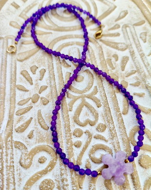 Colier CHOKER jad mov & floare Lepidolit