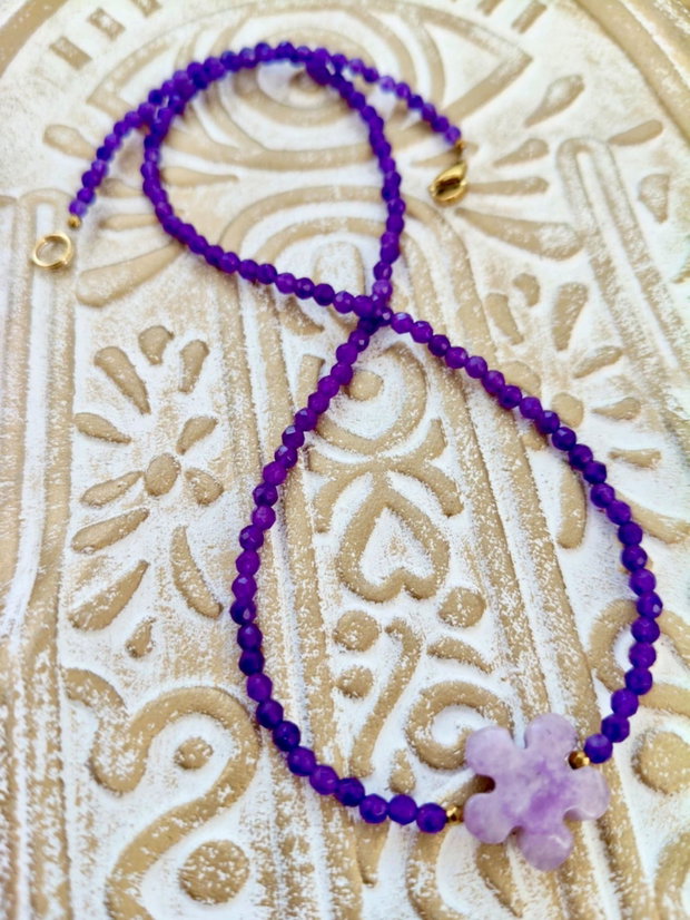 Colier CHOKER jad mov & floare Lepidolit