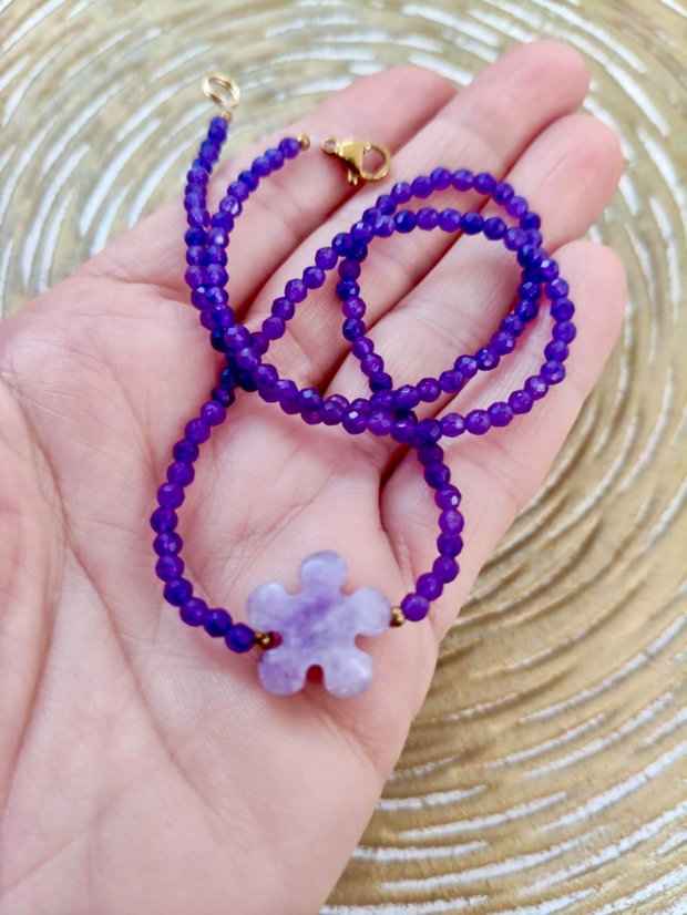 Colier CHOKER jad mov & floare Lepidolit