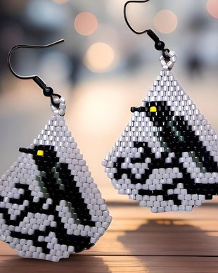 Cercei handmade cu corb  cercei din mărgele Miyuki Delica, model corb negru