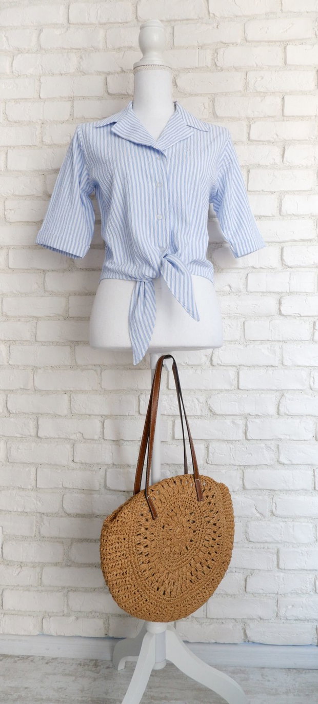 Camasa Crop cu Nod Muselina Dungi Alb Bleu