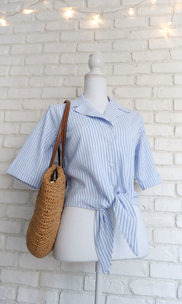 Camasa Crop cu Nod Muselina Dungi Alb Bleu