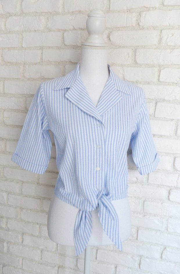 Camasa Crop cu Nod Muselina Dungi Alb Bleu