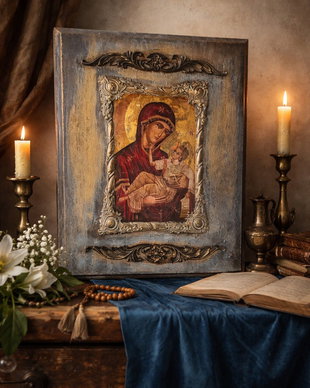 Icoană handmade pe lemn  Fecioara Maria cu Pruncul