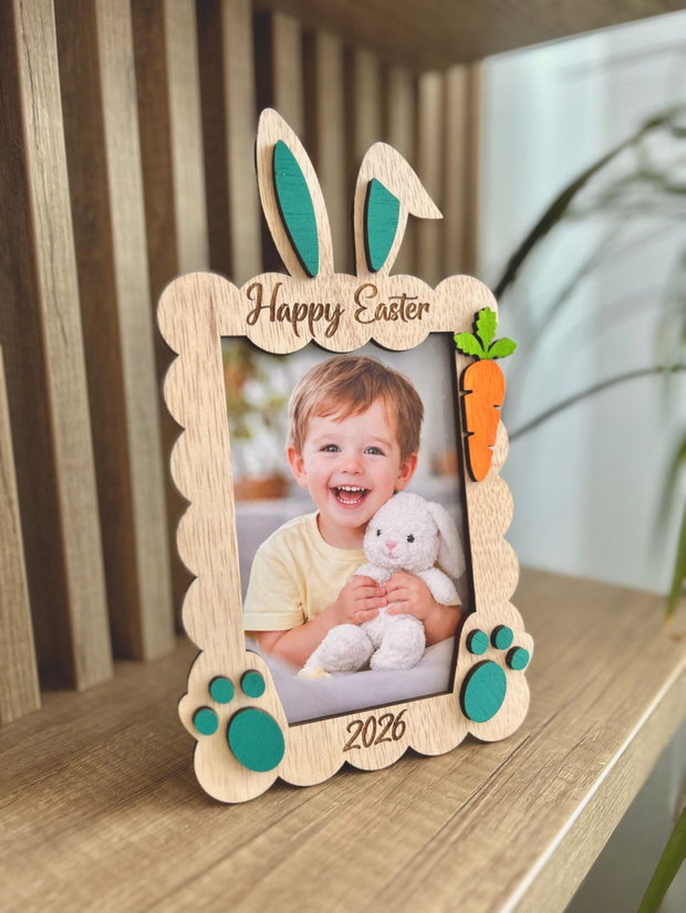 Set cadou copii personalizat cu nume și poză ramă foto iepuraș 20x15, magnet frigider cu fotografie, suport ou Kinder iepuraș cadou botez / Paște / copii