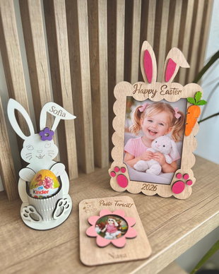 Set cadou copii personalizat cu nume și poză  ramă foto iepuraș 20x15, magnet frigider cu fotografie, suport ou Kinder iepuraș  cadou botez / Paște / copii