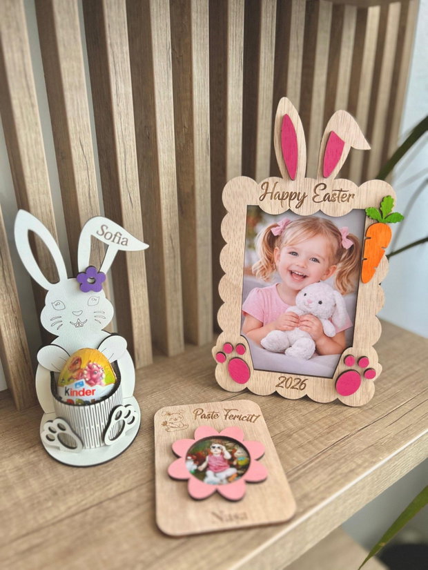 Set cadou copii personalizat cu nume și poză ramă foto iepuraș 20x15, magnet frigider cu fotografie, suport ou Kinder iepuraș cadou botez / Paște / copii