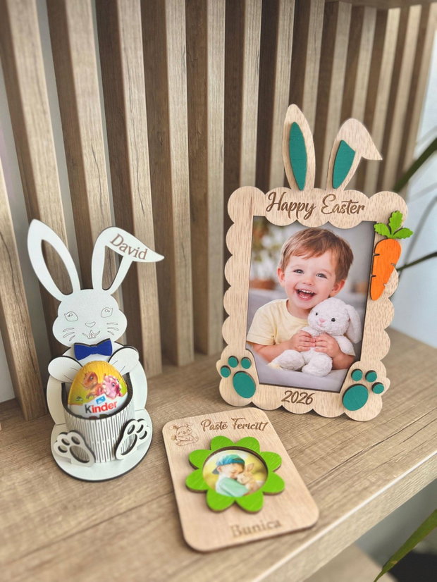 Set cadou copii personalizat cu nume și poză ramă foto iepuraș 20x15, magnet frigider cu fotografie, suport ou Kinder iepuraș cadou botez / Paște / copii