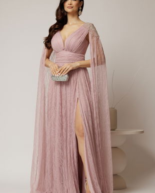 Rochie roz lunga de seara din dantela cu aplicatii pe umeri