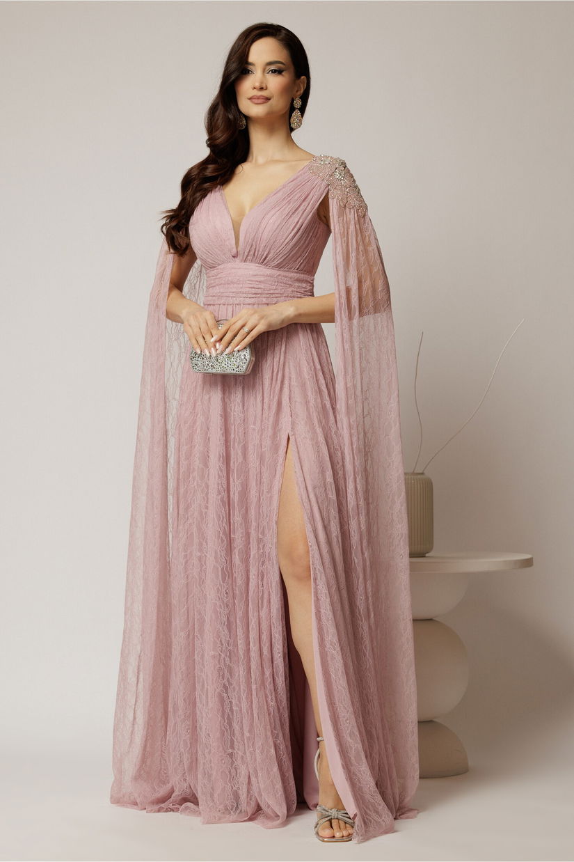 Rochie roz lunga de seara din dantela cu aplicatii pe umeri