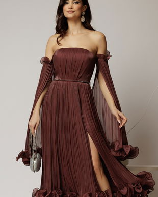 Rochie de seara maro ciocolata cu volanase din voal cu pelicula si maneci detasabile