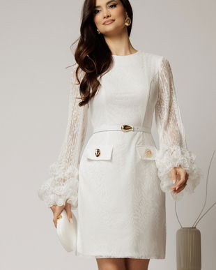 Rochie scurta alba din dantela cu maneci ample