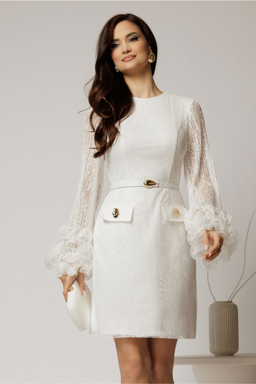 Rochie scurta alba din dantela cu maneci ample