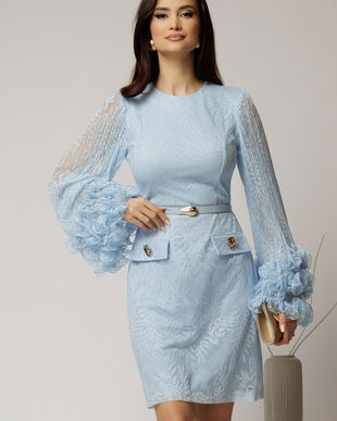 Rochie scurta bleu din dantela cu maneci ample