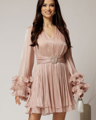 Rochie de seara roz din voal cu pelicula si catarama in talie