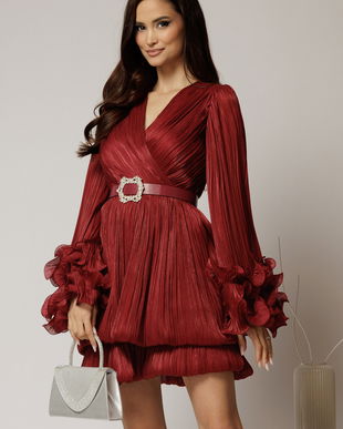 Rochie scurta bordo de seara cu fusta tip gogosar si maneci ample
