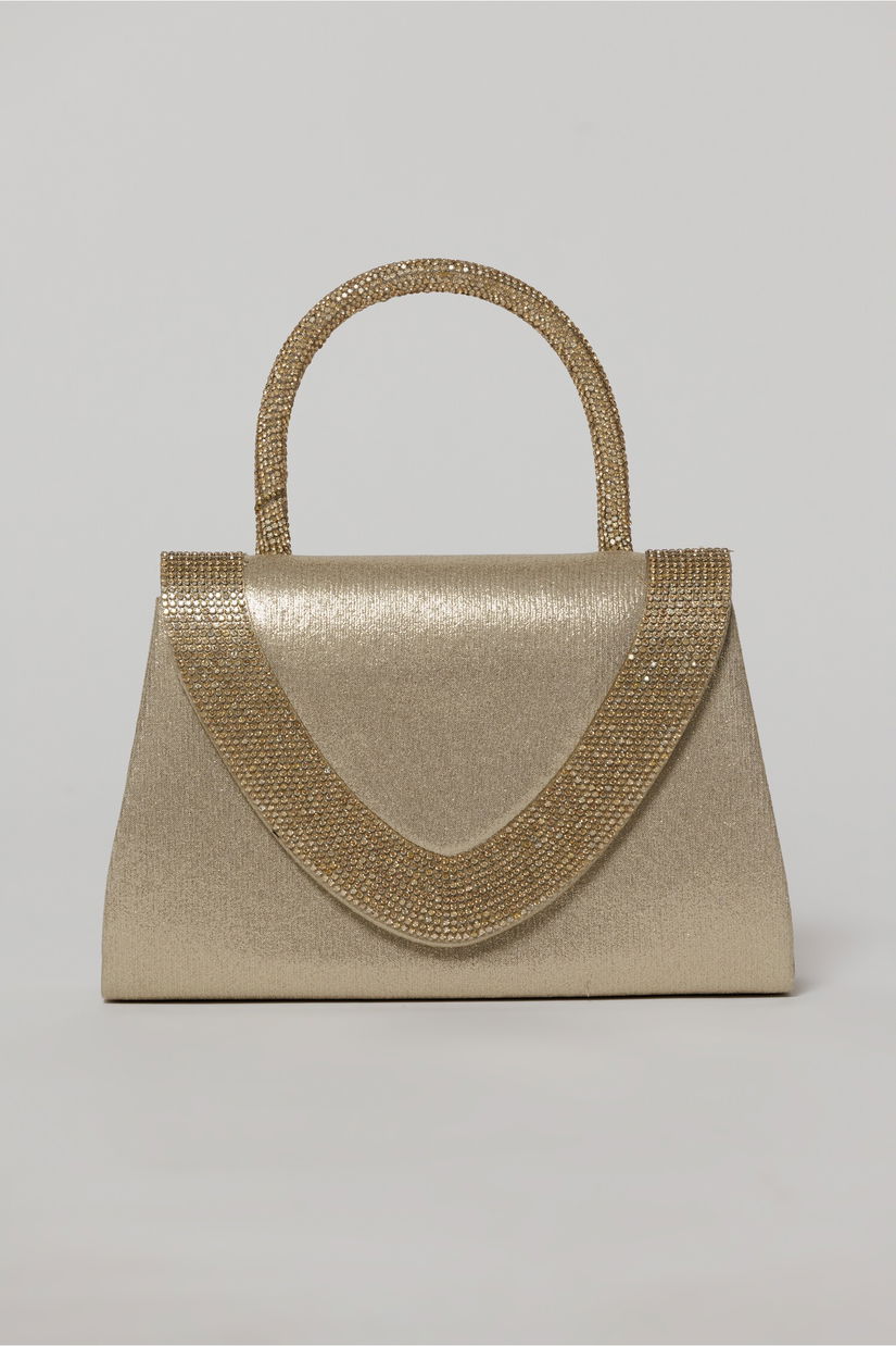 Geanta mica aurie cu strasuri argintii si maner rotund