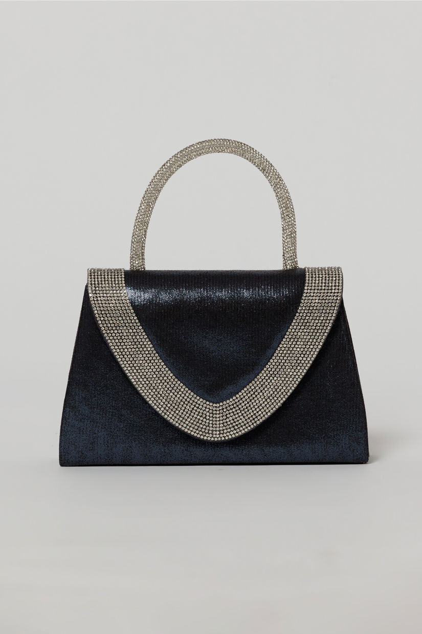 Geanta mica bleumarin cu strasuri argintii si maner rotund