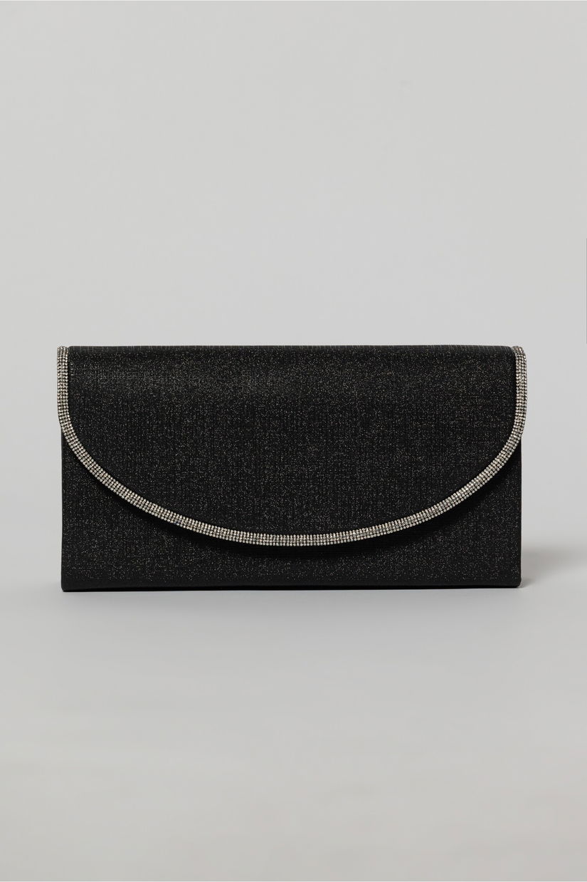 Clutch negru elegant cu clapeta curbata decorata cu strasuri