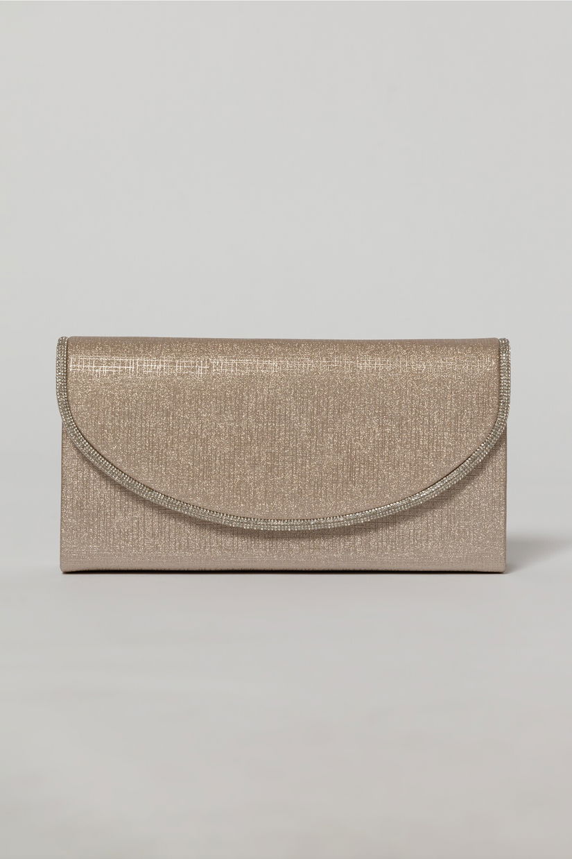 Clutch nude elegant cu clapeta curbata decorata cu strasuri