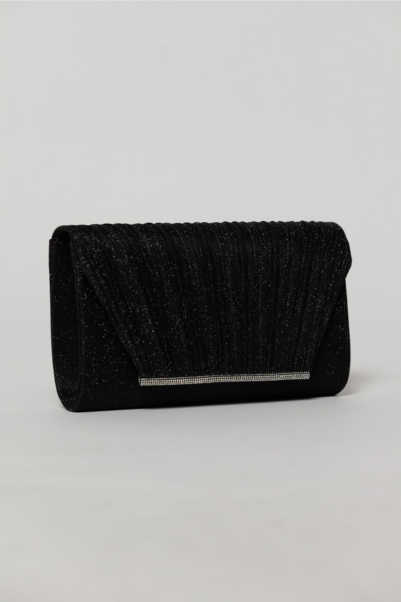 Clutch elegant negru din lurex si detalii plisate