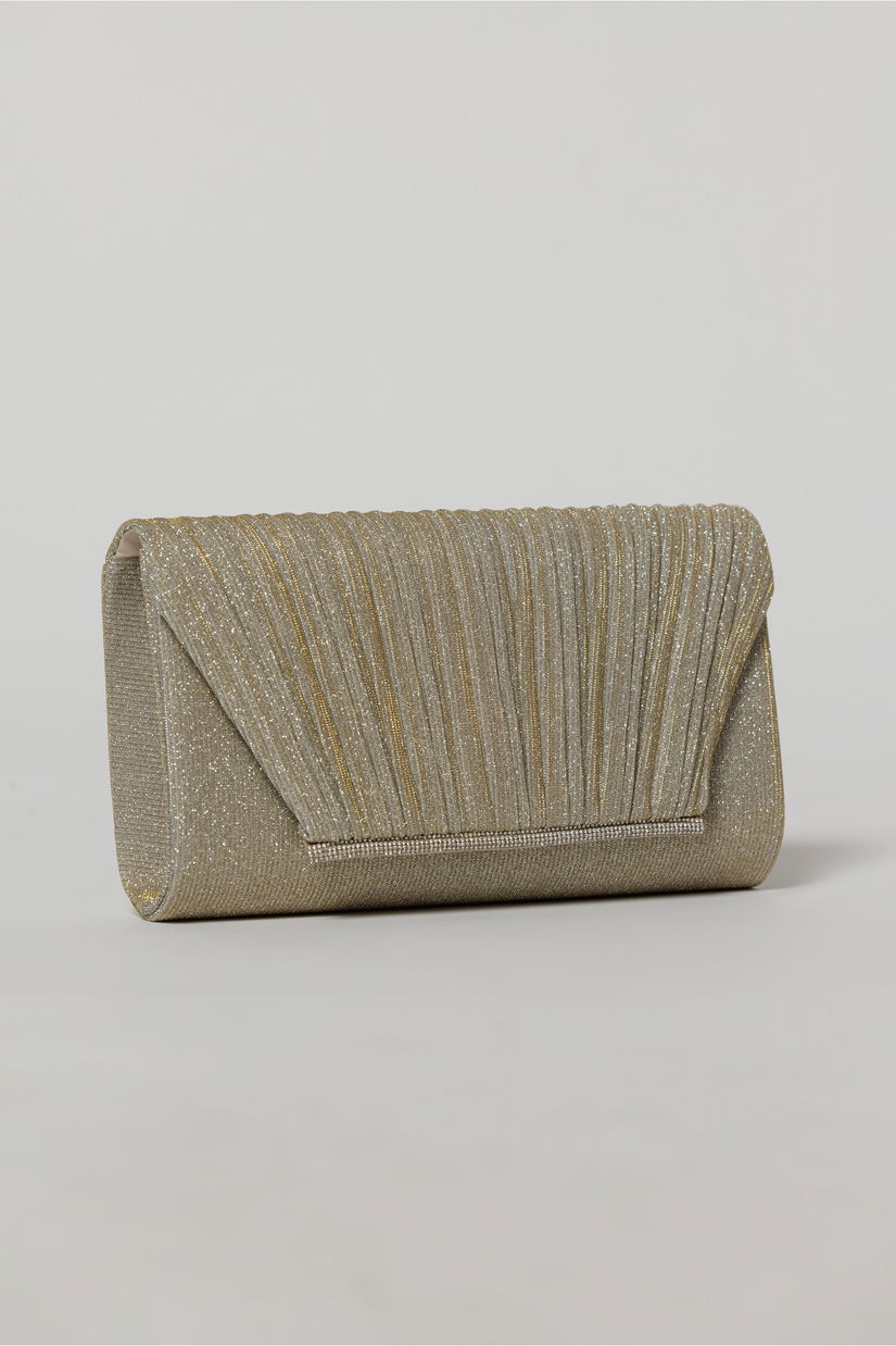 Clutch elegant auriu din lurex si detalii plisate
