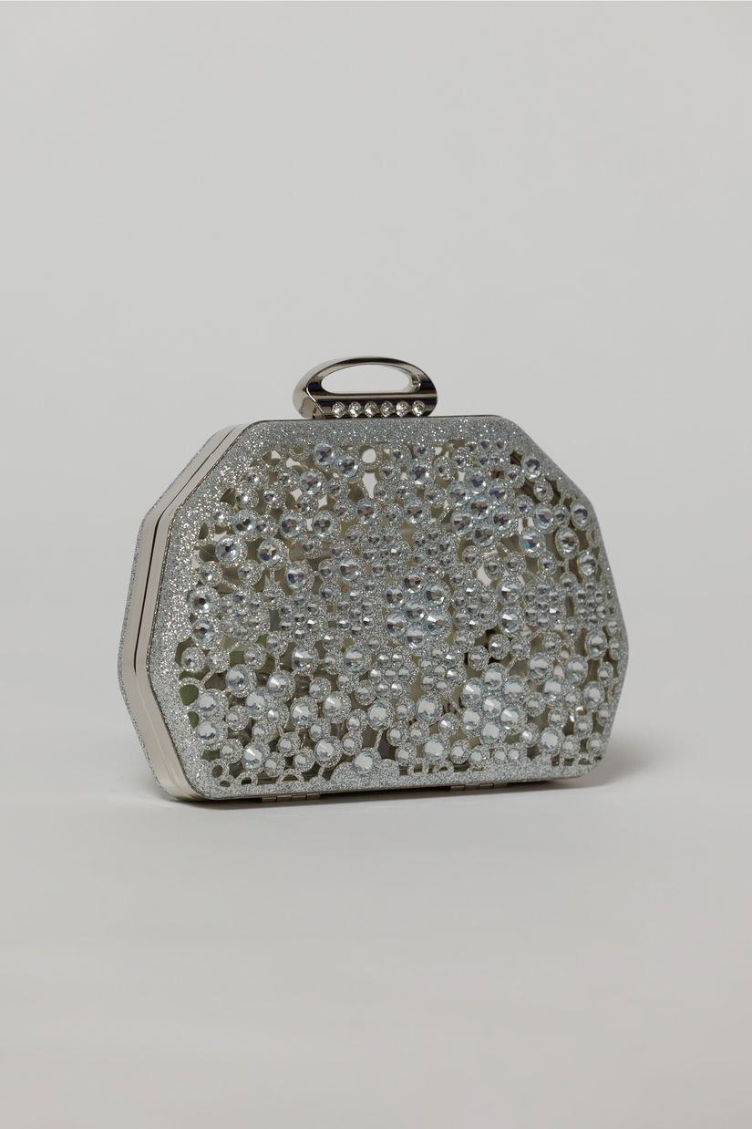 Clutch argintiu elegant metalic cu strasuri si pietre decorative