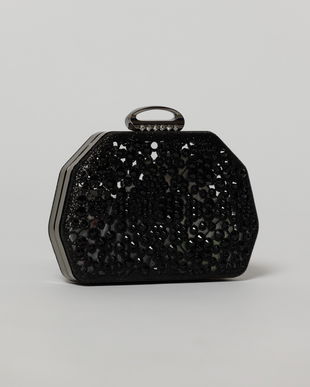 Clutch negru elegant metalic cu strasuri si pietre decorative