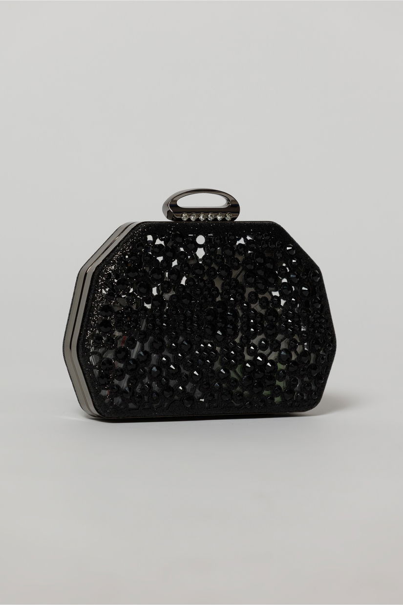 Clutch negru elegant metalic cu strasuri si pietre decorative