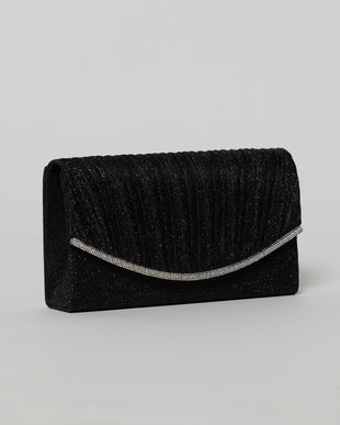 Clutch negru elegant cu clapeta curbata si detalii plisate